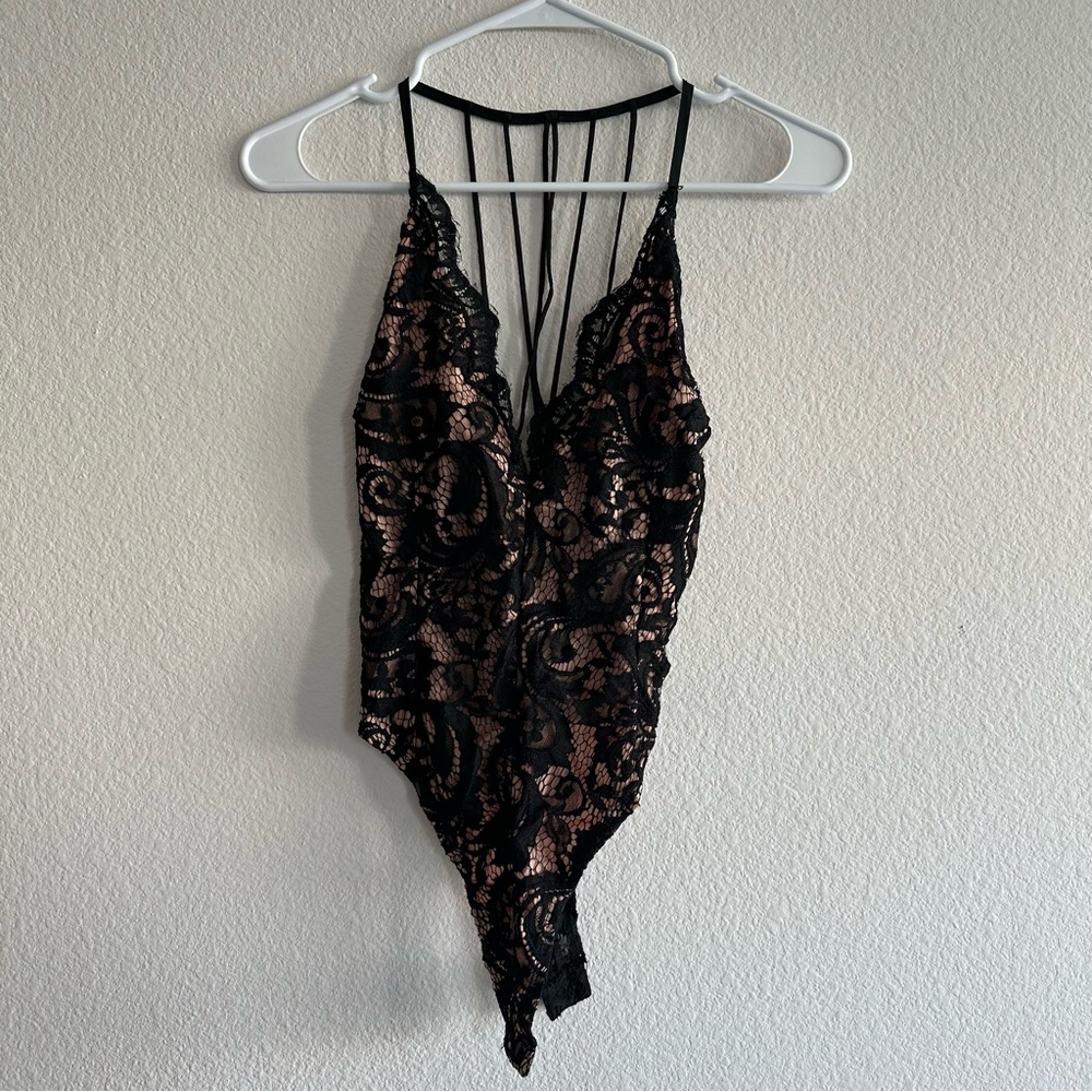 Tobi Black and Tan Lace Bodysuit